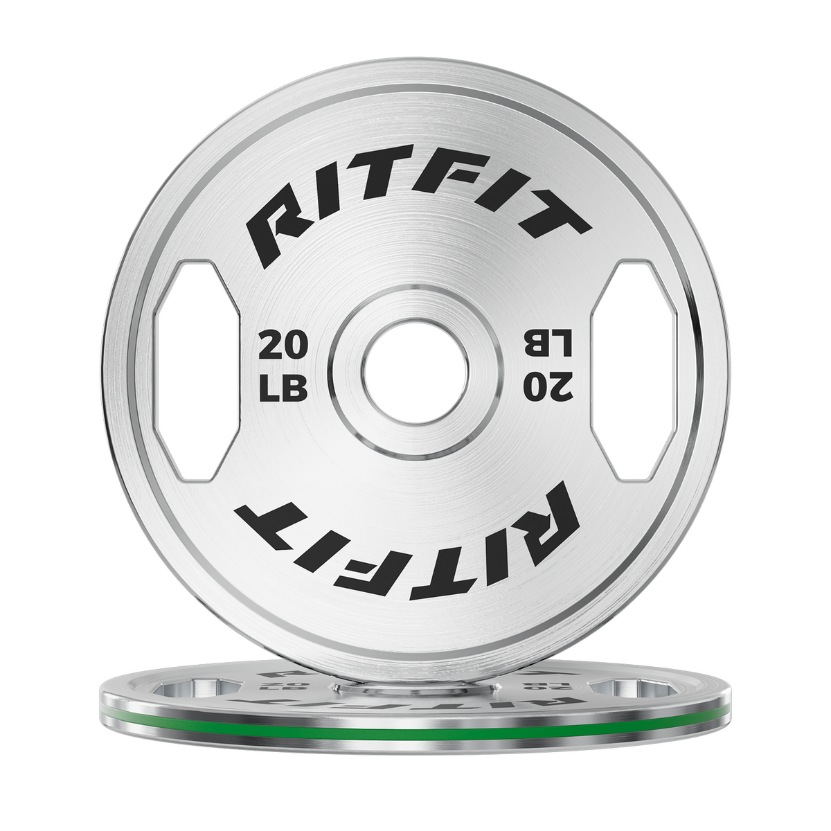 RitFit chrome steel bumper plates with green stripe and 20 lb marking