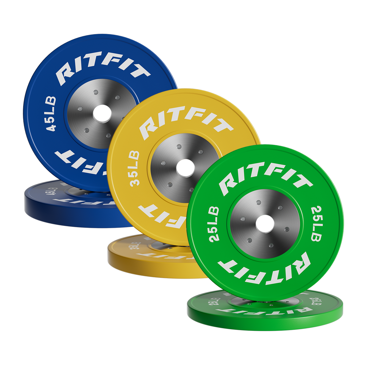 RitFit competition bumper plates in blue yellow and green with silver centers