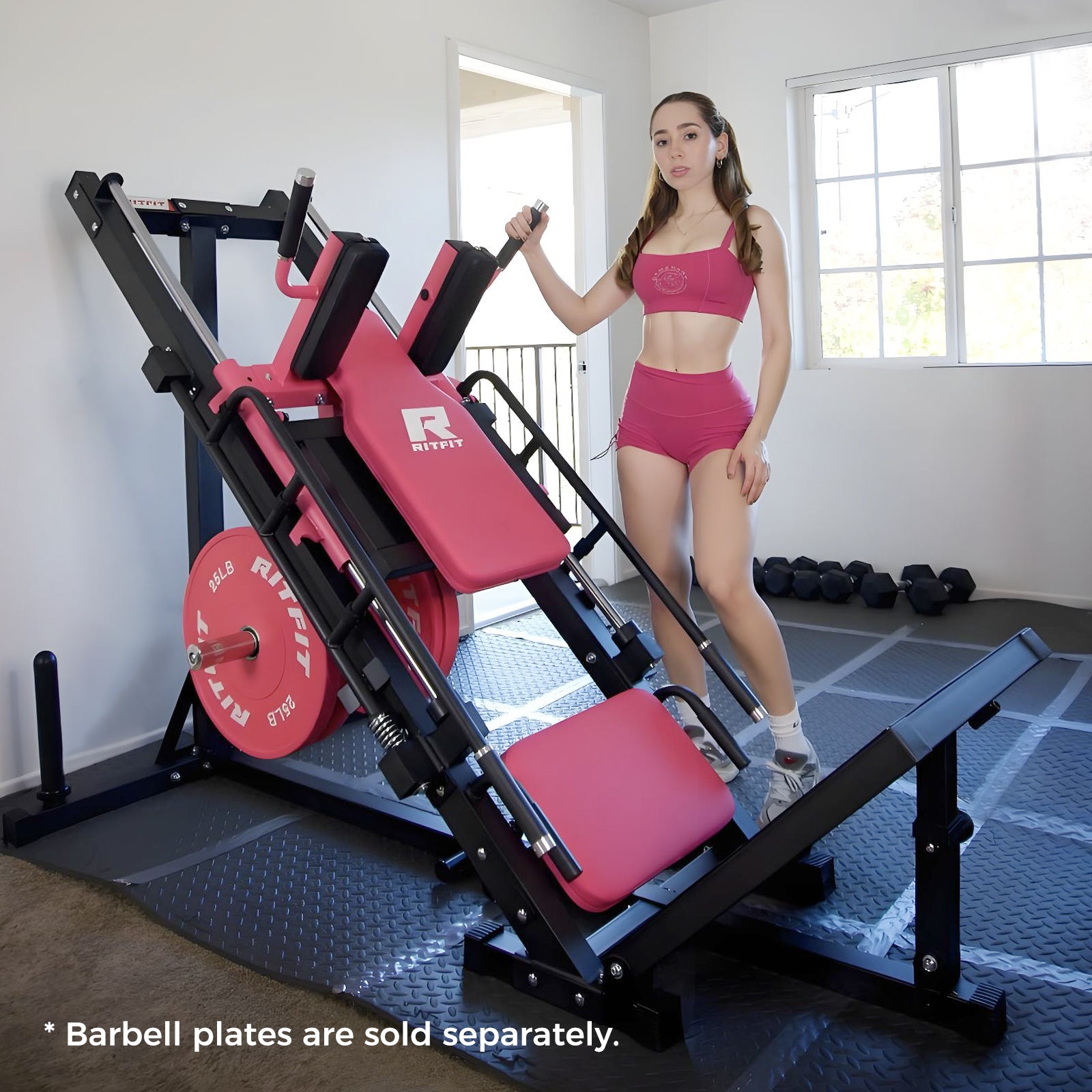 Woman using RitFit BLP01 for hack squat workout at home gym