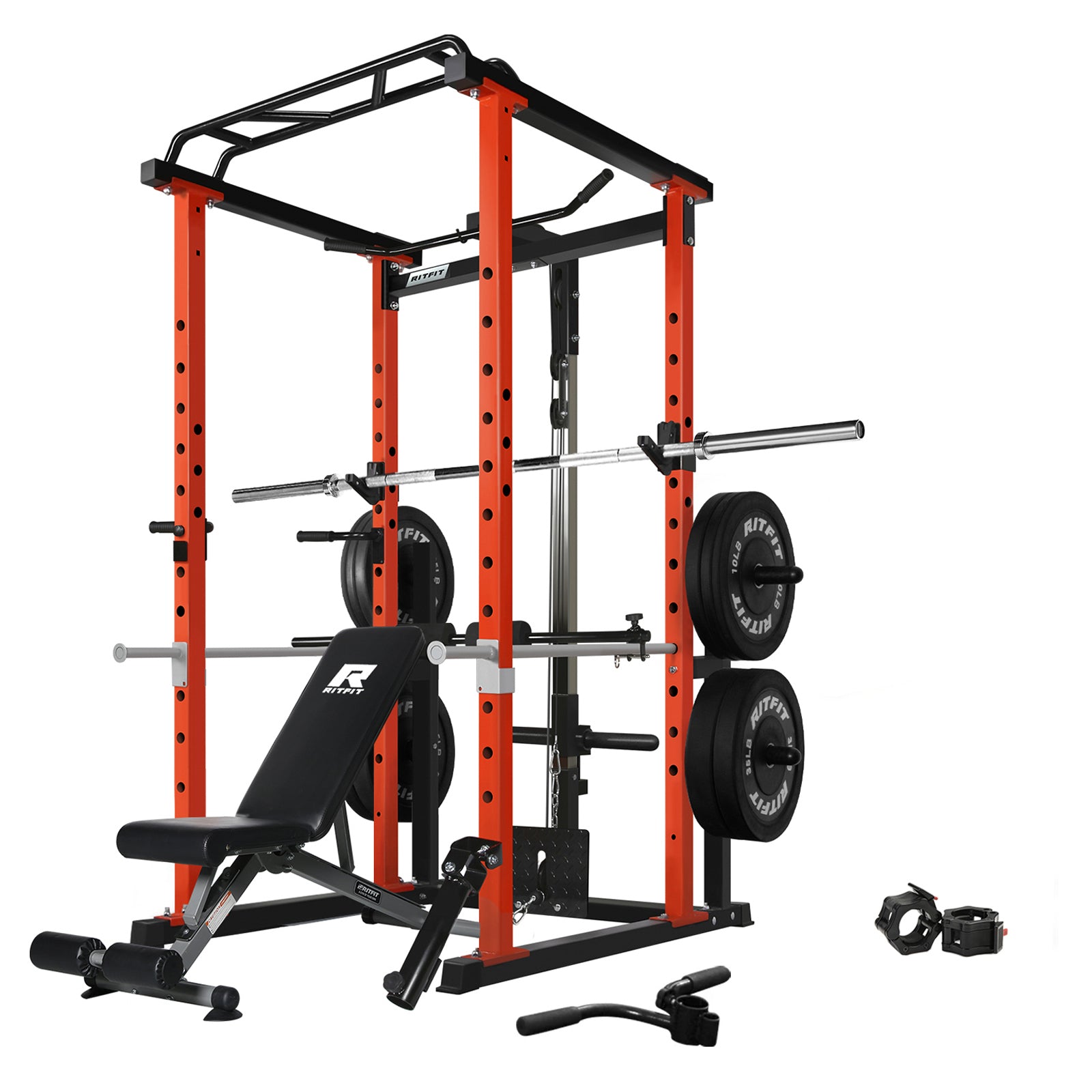 Weight lifting cage with online lat pulldown