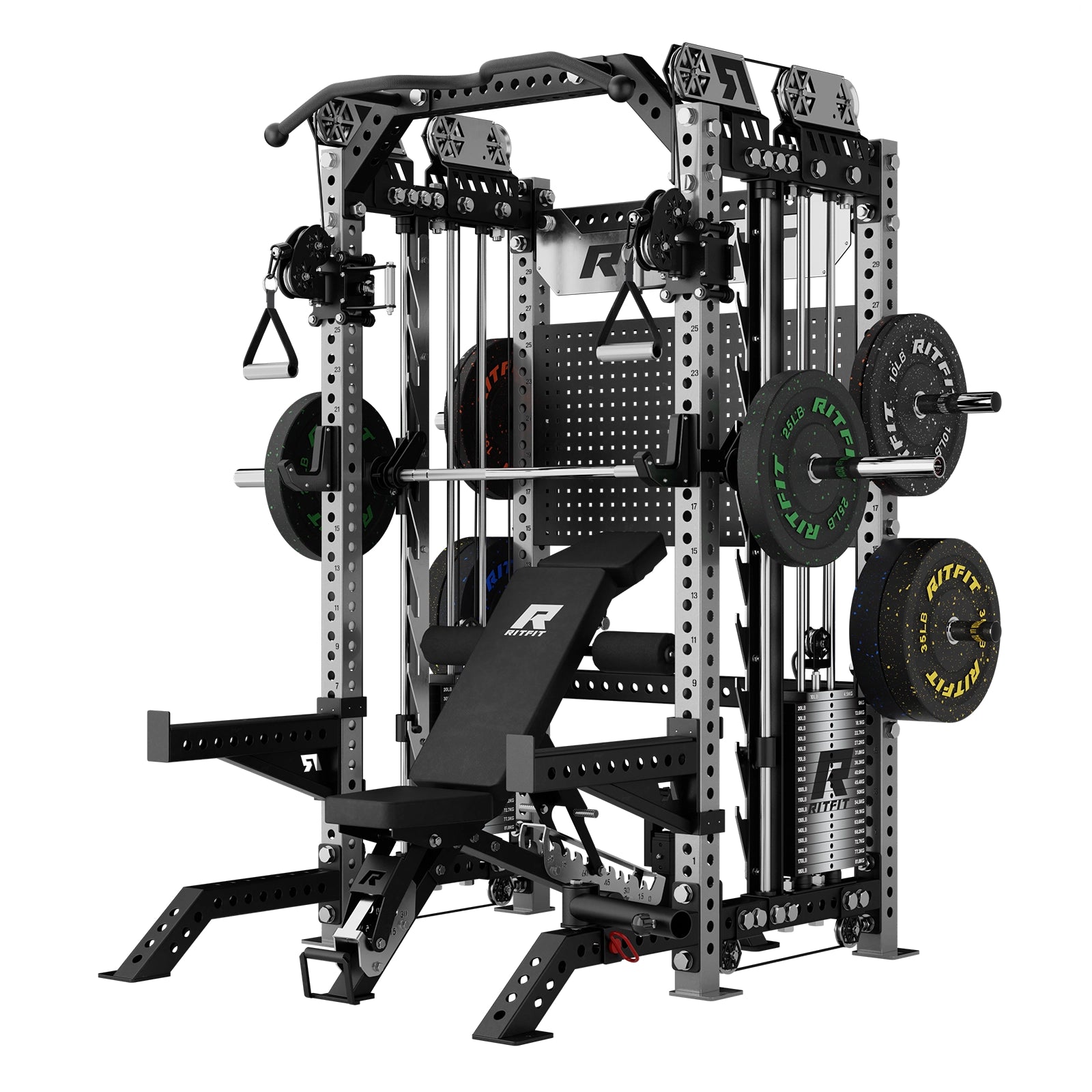 Black RitFit M3 Pro Home Gym Smith Machine Package with Cable Crossover and weight plates