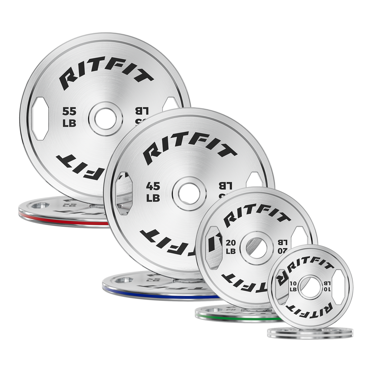 RitFit chrome steel bumper plates in silver with black text and colored edges