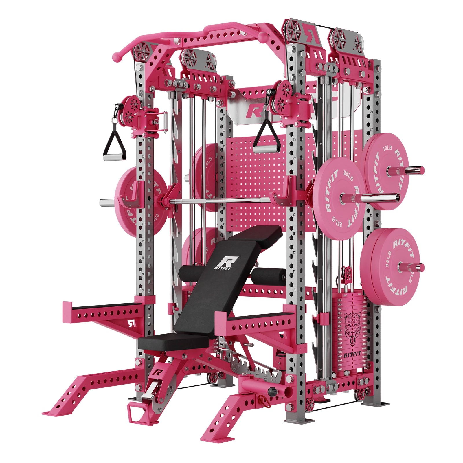 Pink RitFit M3 Pro Home Gym Smith Machine Package with Cable Crossover and weight plates