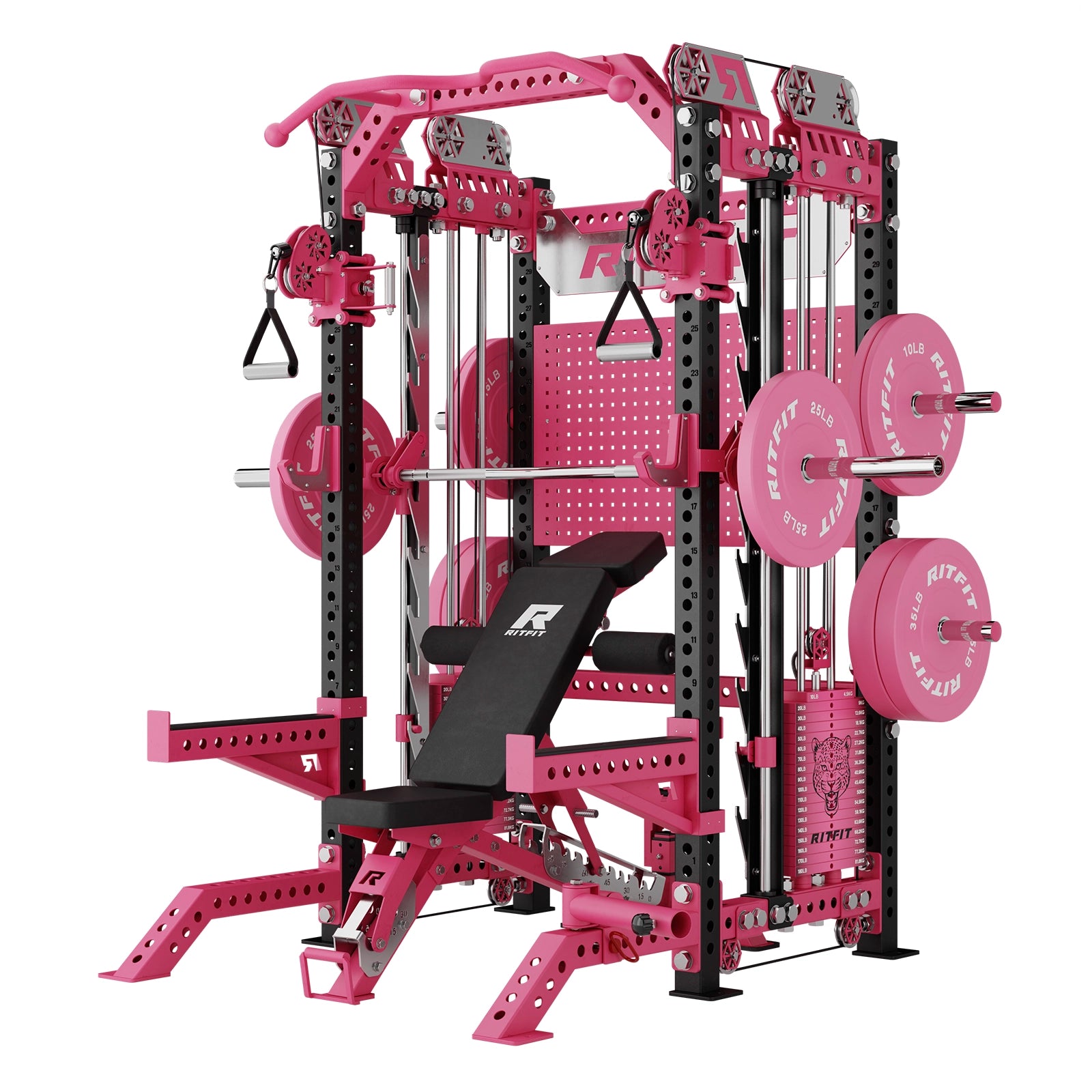 Pink RitFit M3 Pro Home Gym Smith Machine Package with Cable Crossover and weight plates