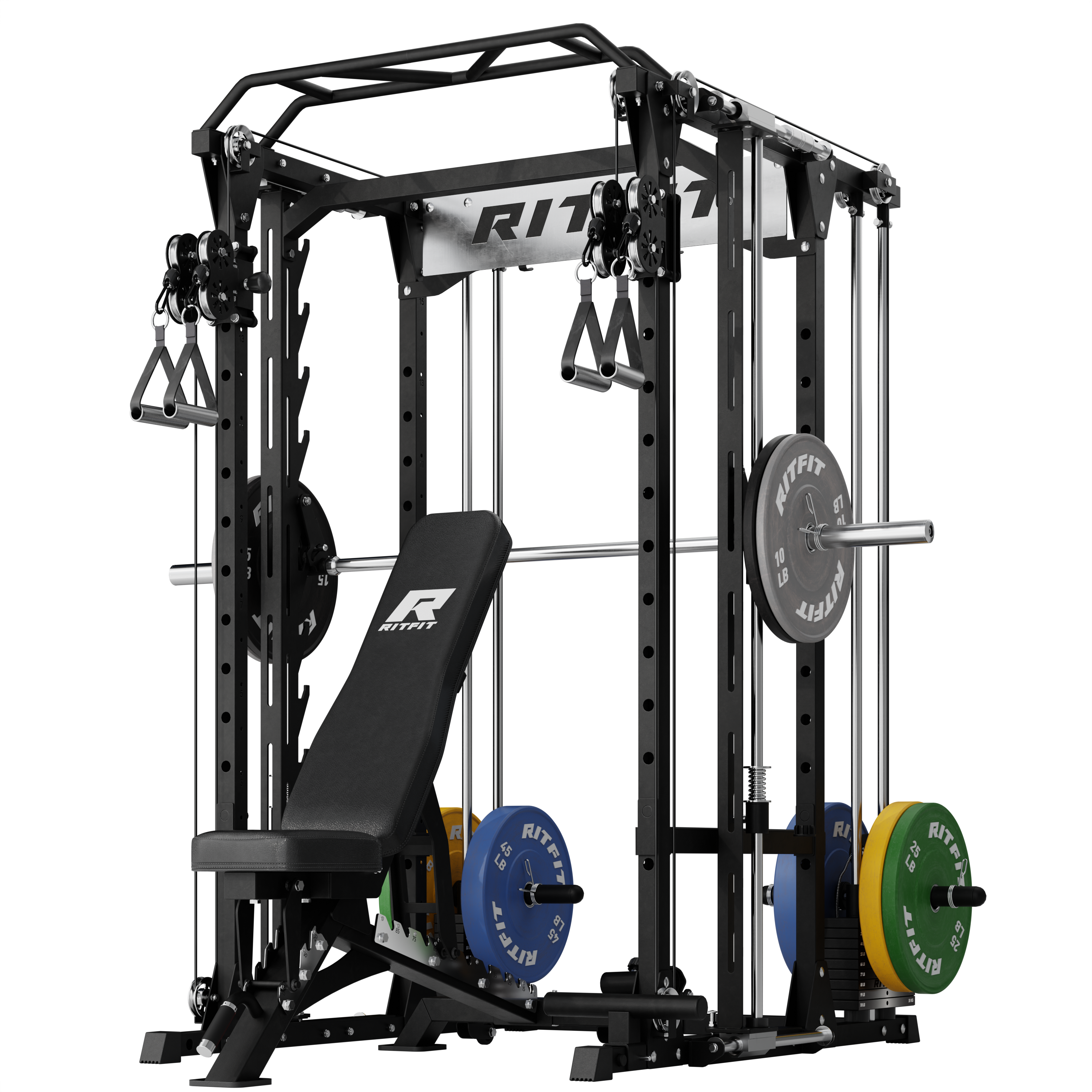 Black RitFit P9 power cage with 3D Smith machine, dual cables, adjustable bench and colorful weight plates