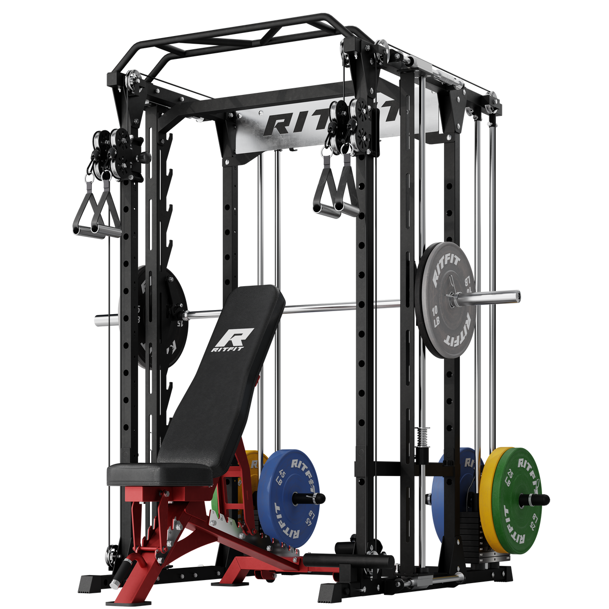 Black RitFit P9 power cage with 3D Smith machine, dual cables, adjustable bench and weight plates