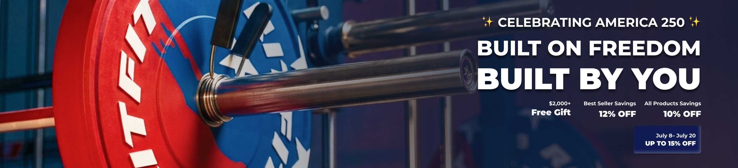 Red and blue bumper plates on a barbell with America 250 sale text