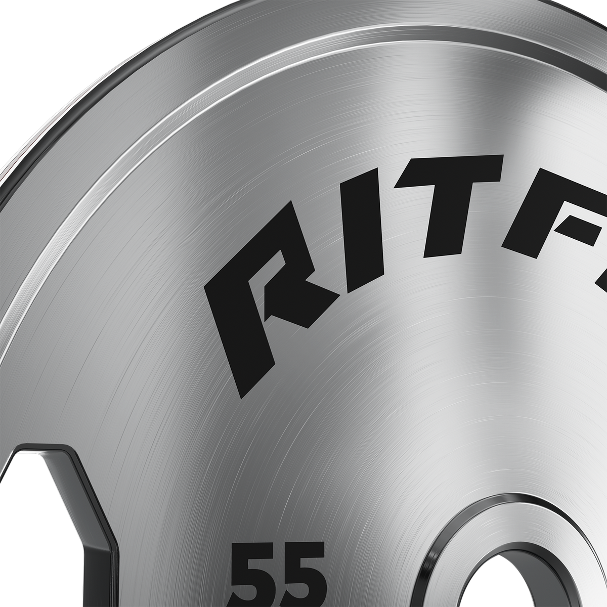 Close up of silver RitFit chrome steel bumper plate with black logo