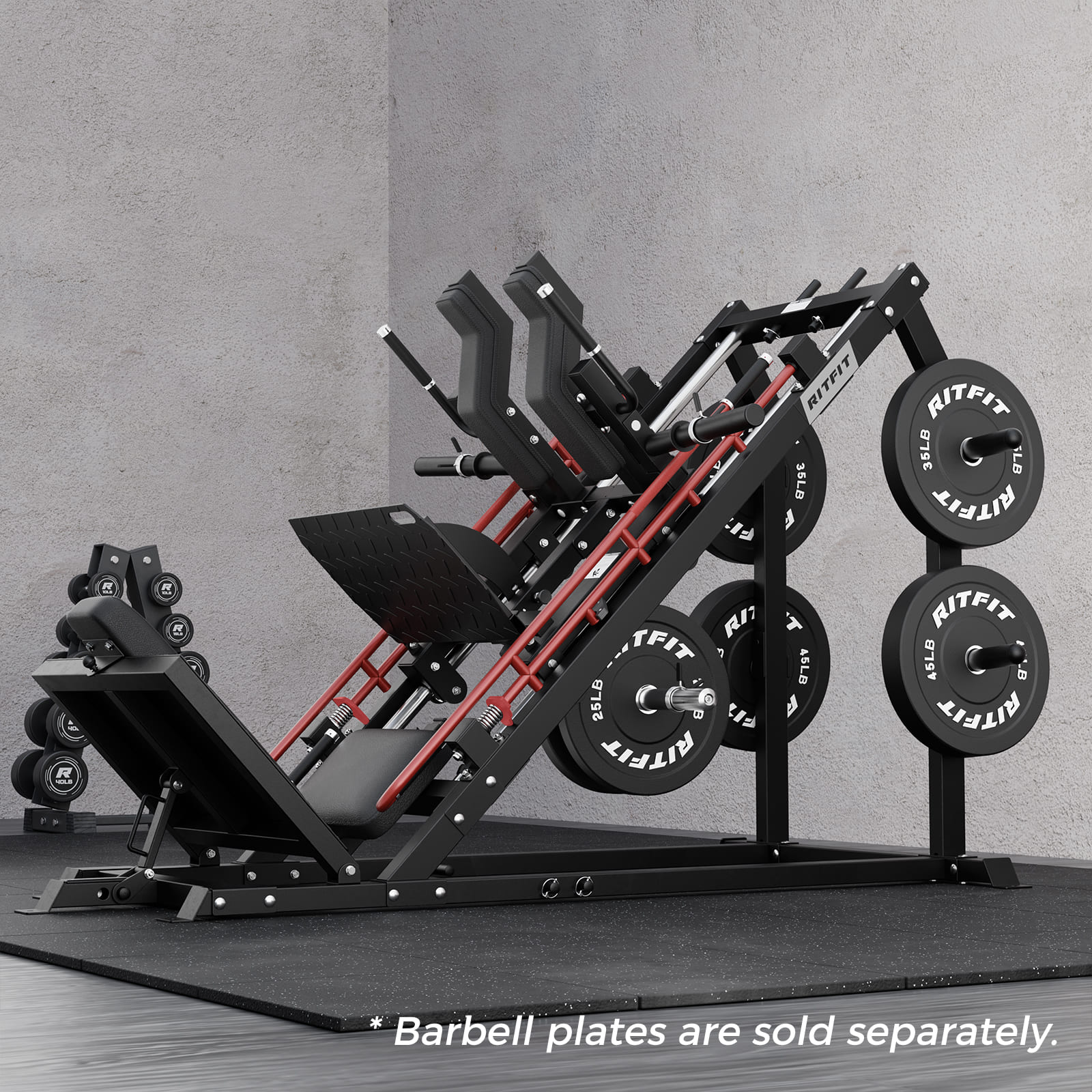 Gym machine with barbell plates on a gray background