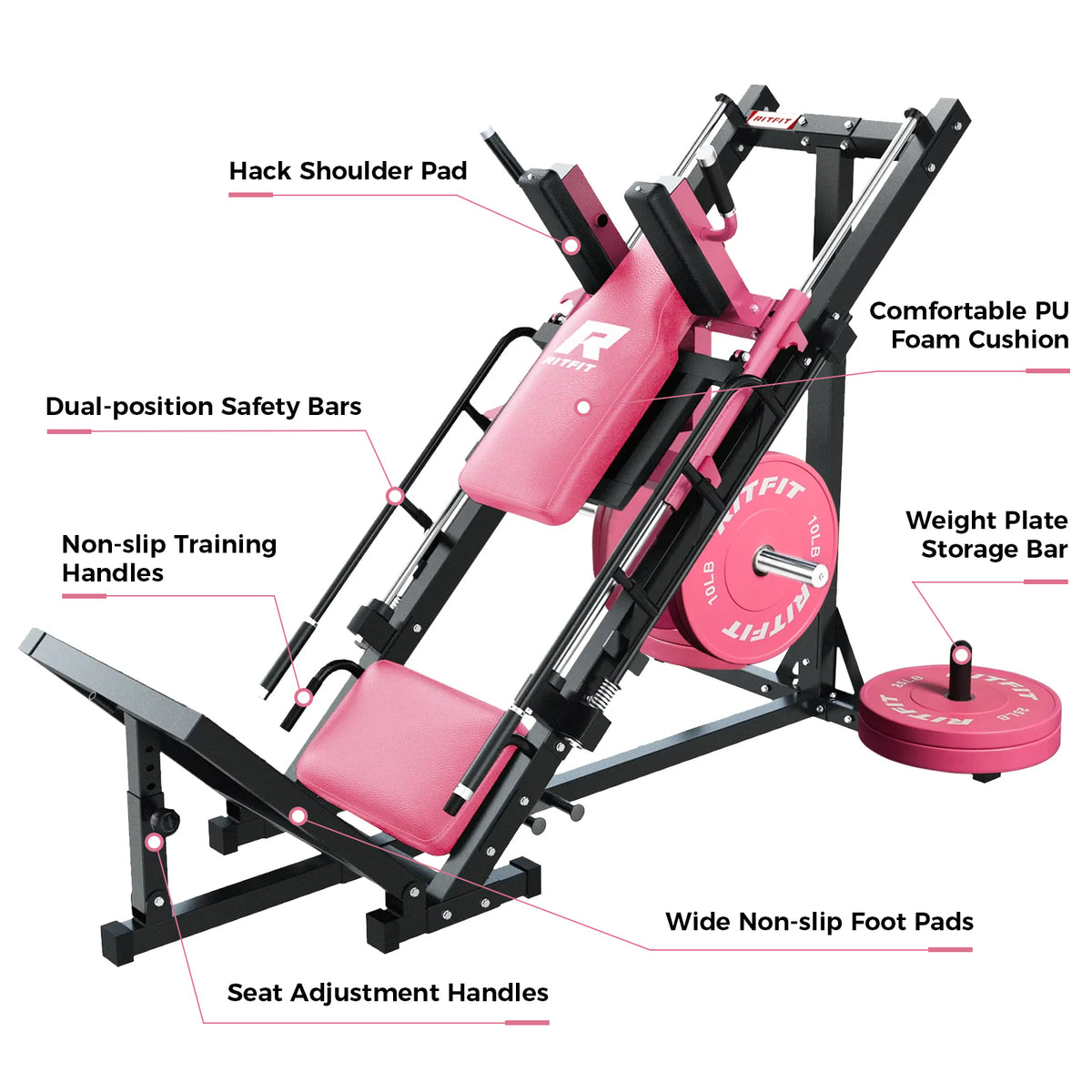 RitFit BLP01 45 Degree 3-In-1 Leg Press Hack Squat and Calf Raise Mach