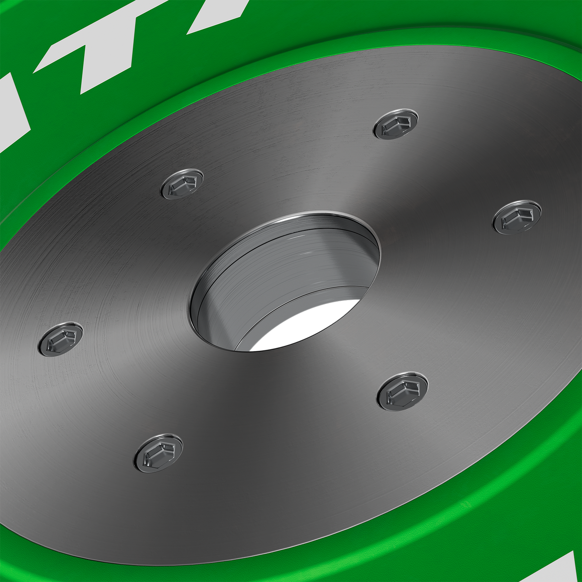 Green industrial drum base with brushed metal bottom and recessed bolts