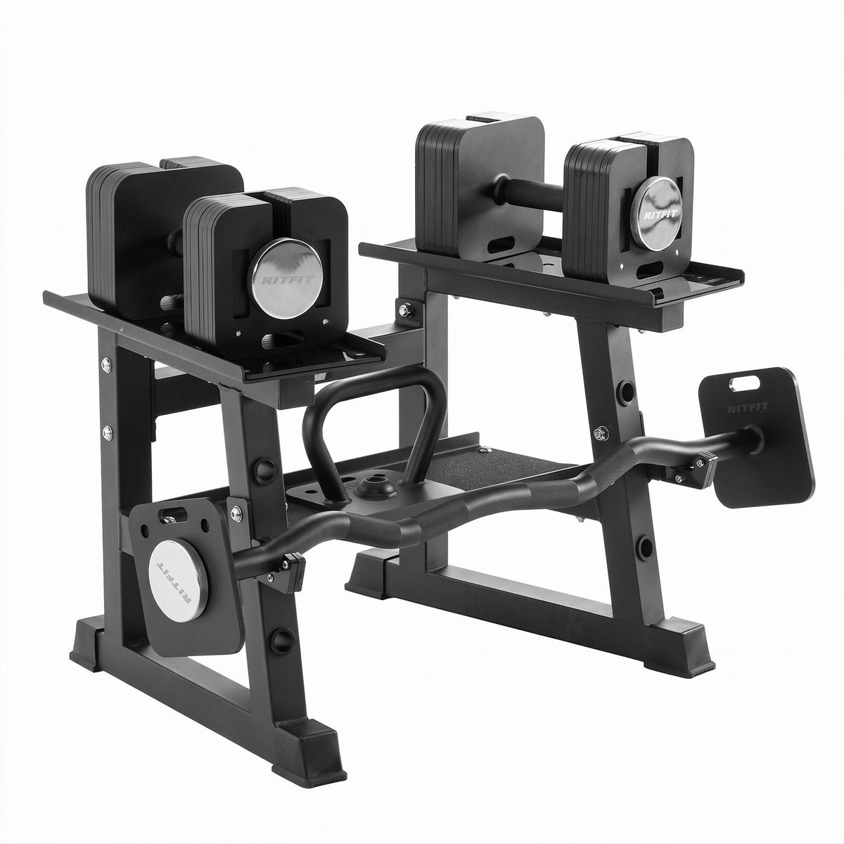 RitFit adjustable dumbbell set with rack and attachments for home gym strength training