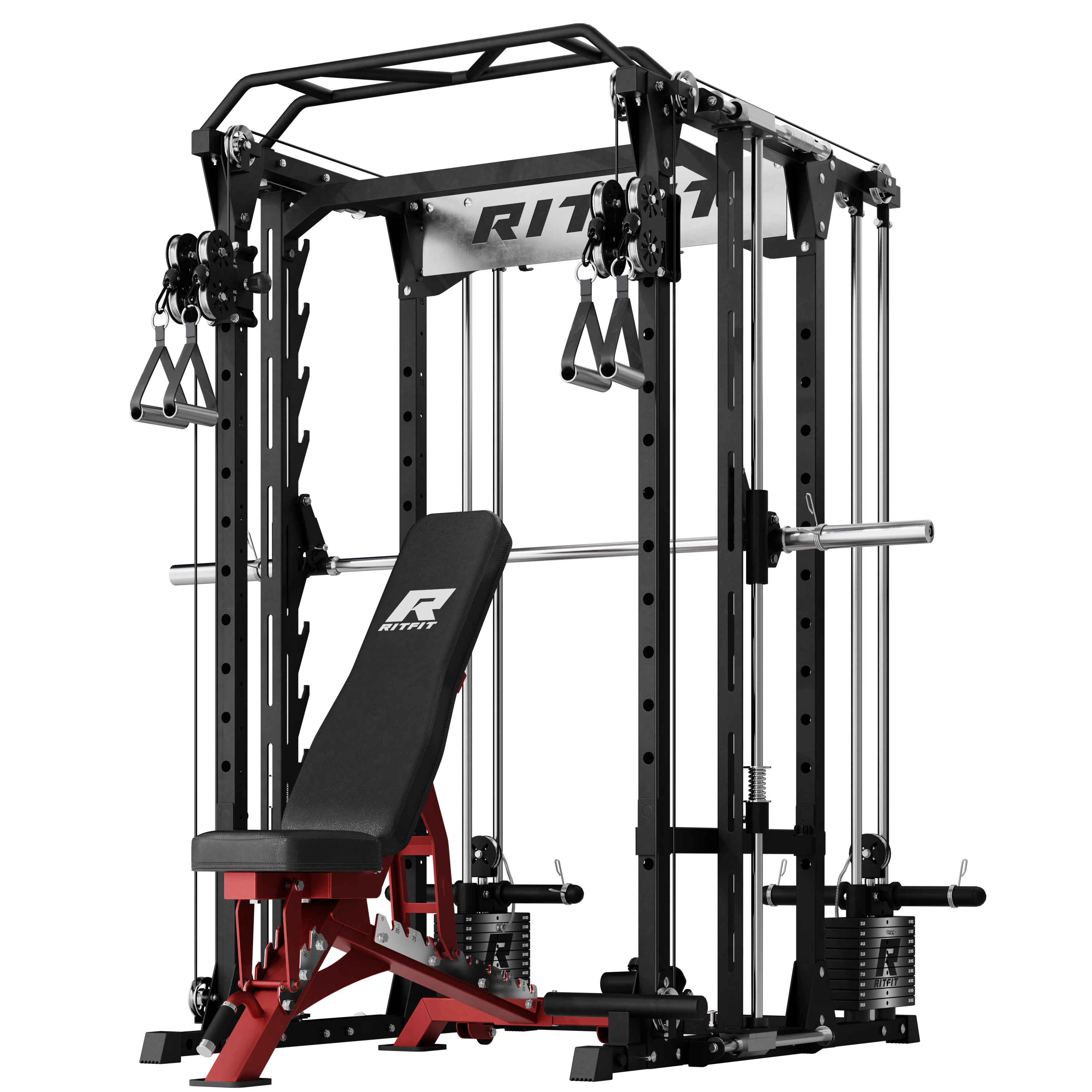 RitFit P9 modular power cage with 3D Smith machine, dual cables, and red adjustable bench