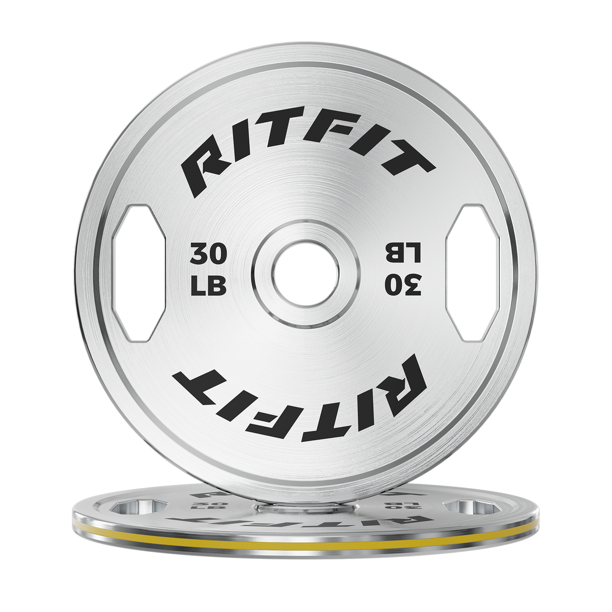 RitFit chrome steel bumper plates with dual grip holes and 30 lb weight marking