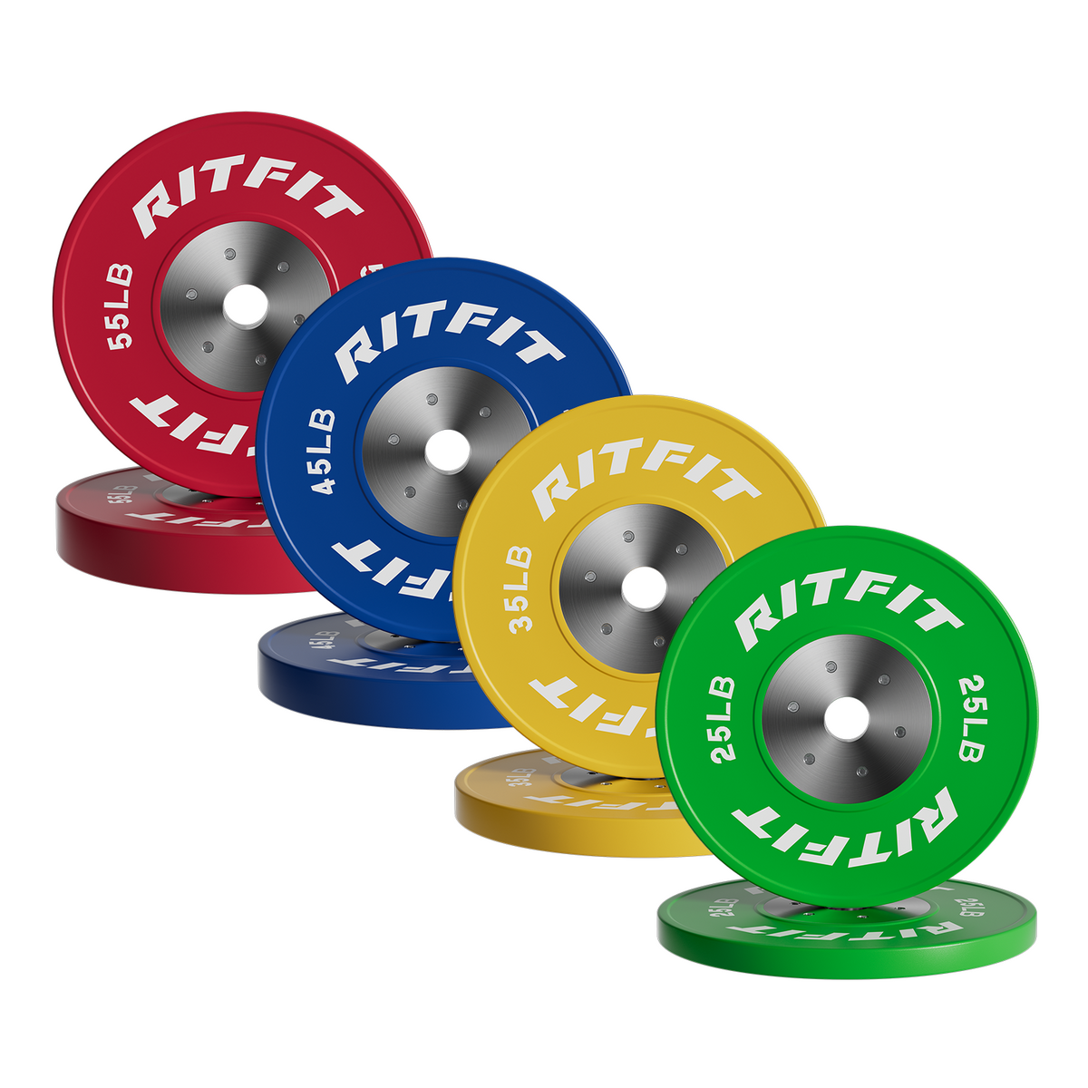 RitFit competition bumper plates in red blue yellow and green with silver centers
