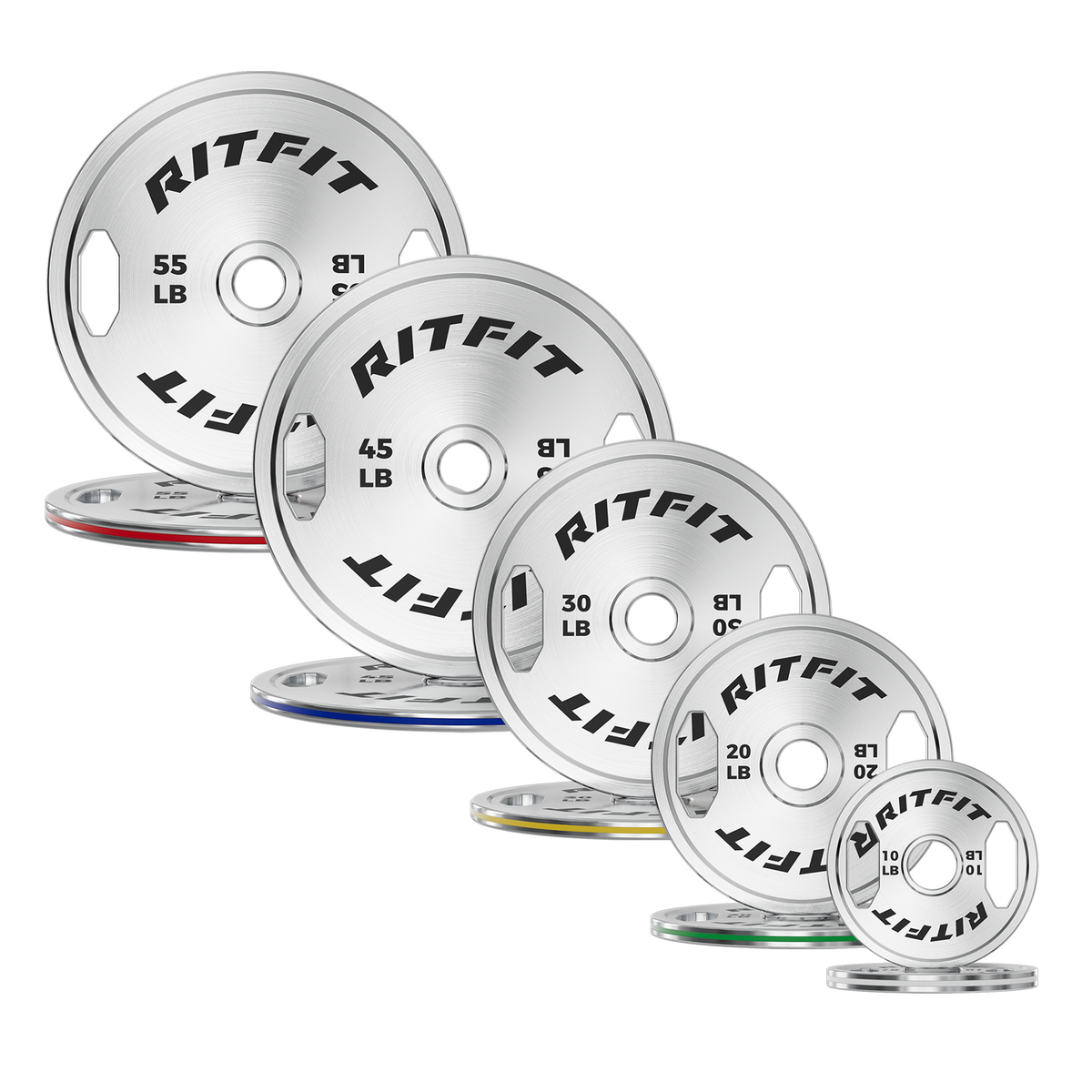 RitFit chrome steel bumper plates in descending weight sizes arranged diagonally on white background