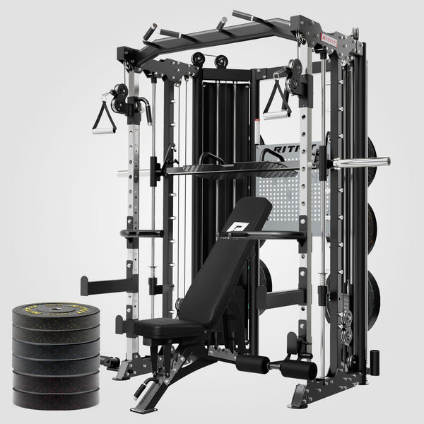RitFit BPC06 All-In-One Smith Machine home gym package with weight plates, barbell, and workout accessories in a home gym setting