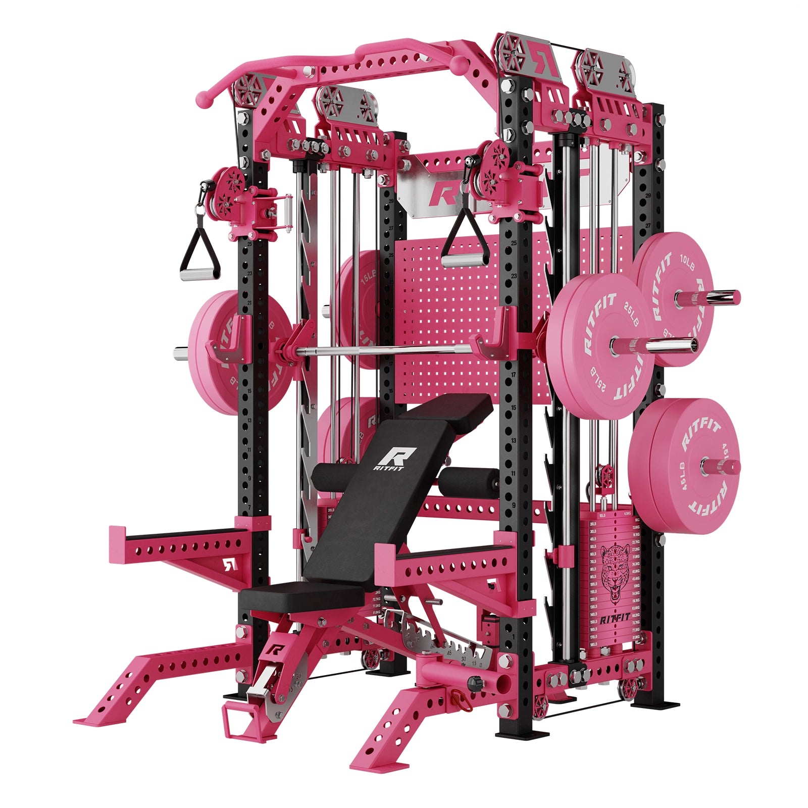 Pink RitFit M3 Pro Home Gym Smith Machine Package with Cable Crossover and weight plates
