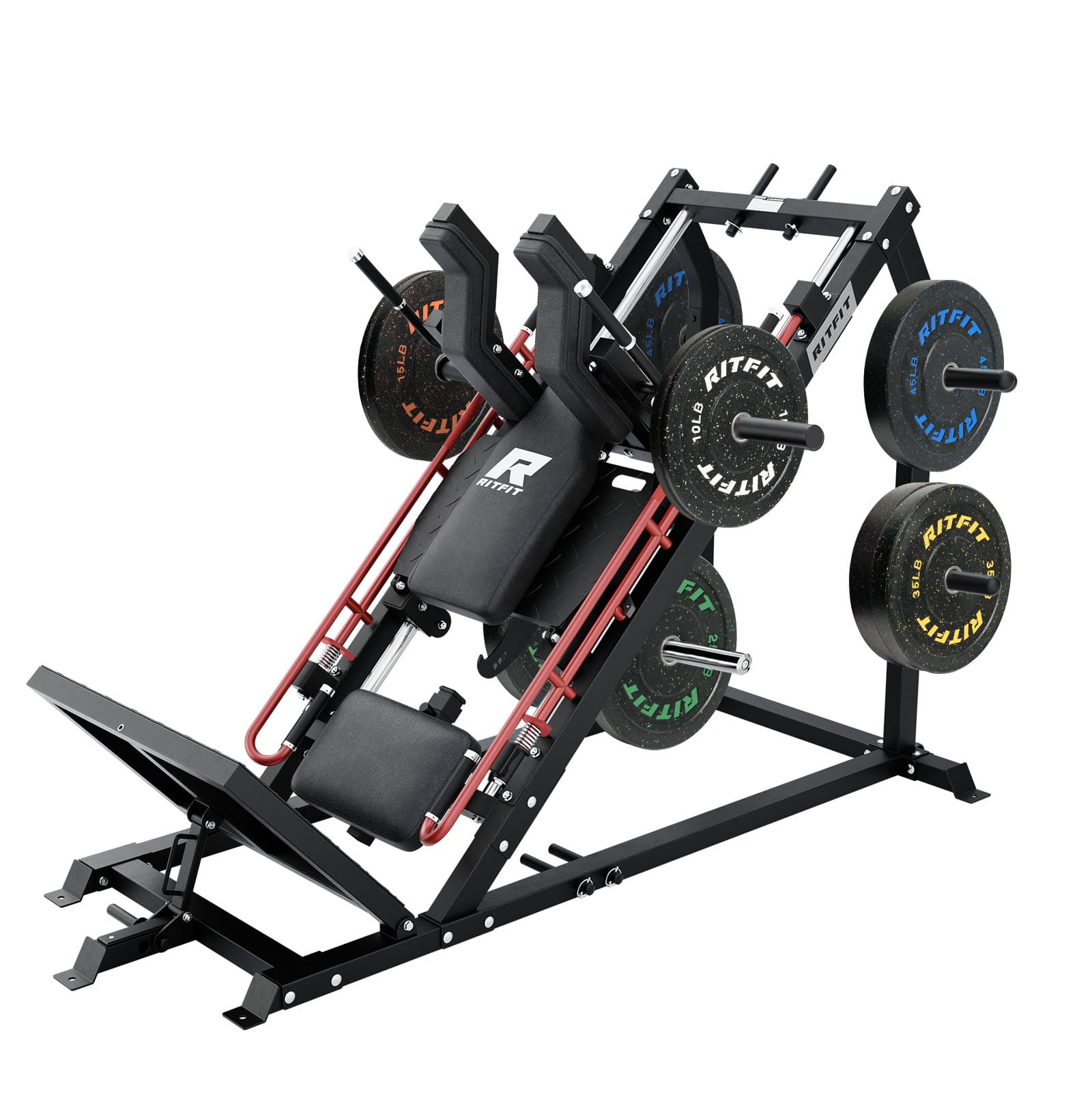 RitFit Gazelle Pro 3-in-1 leg press and hack squat machine set with sturdy metal frame and padded seats for strength training.