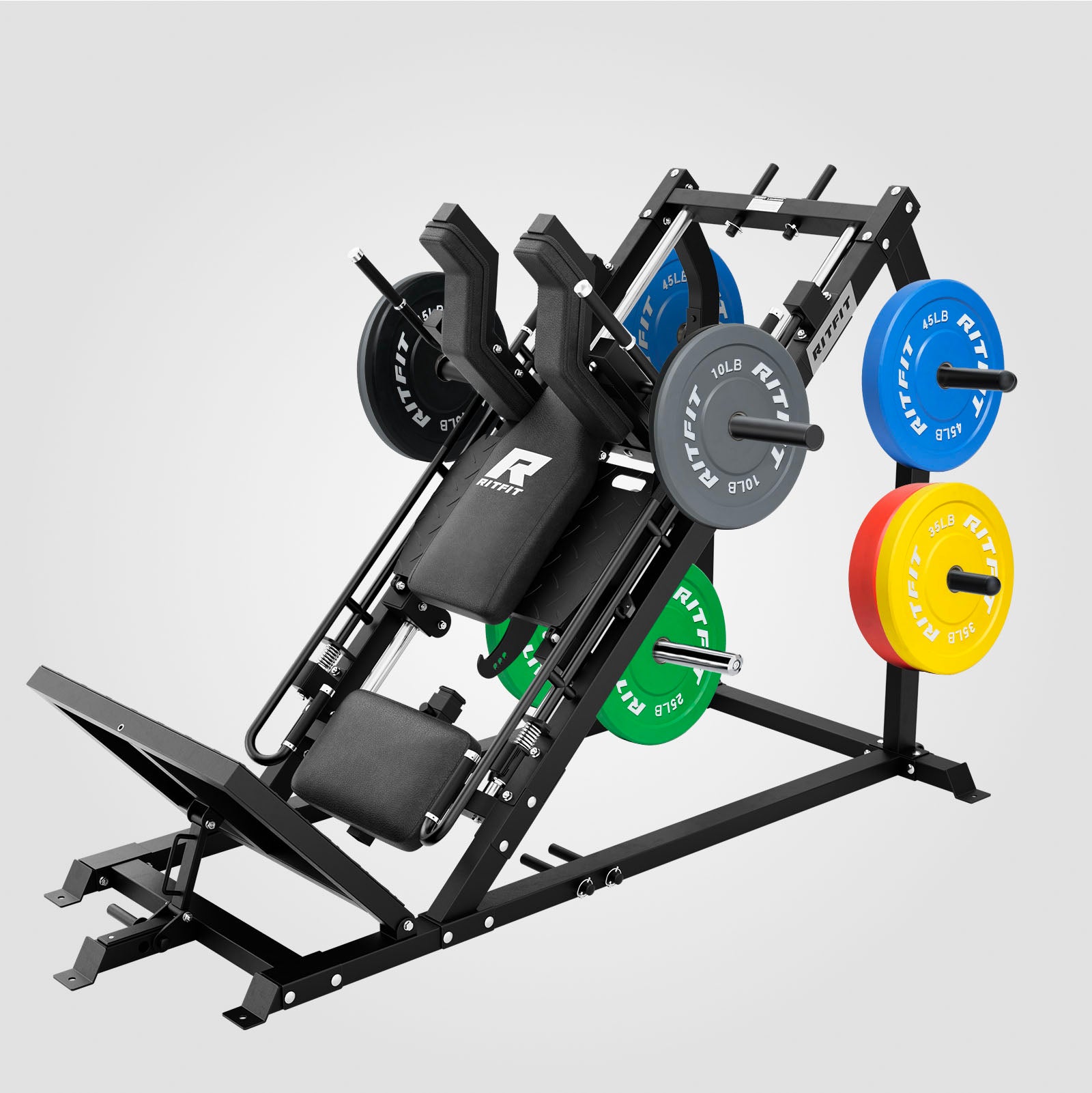RitFit Gazelle Pro 3-in-1 Leg Press and Hack Squat Machine set with 370LB weight plates for strength training.