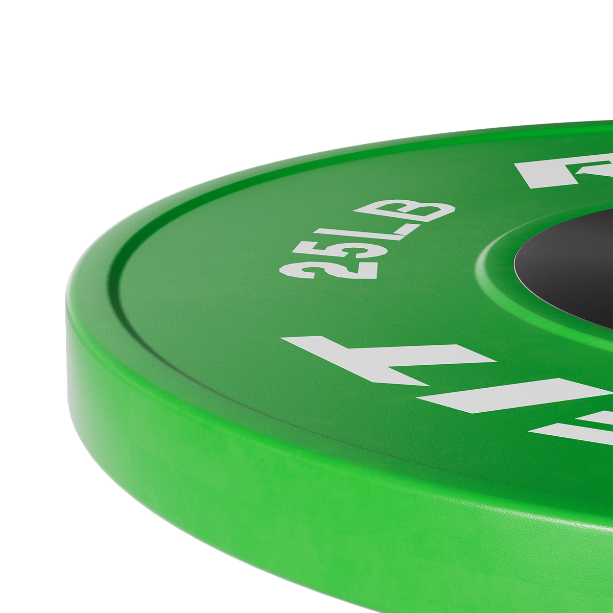 Green 25 LB bumper weight plate with white text and black center hole
