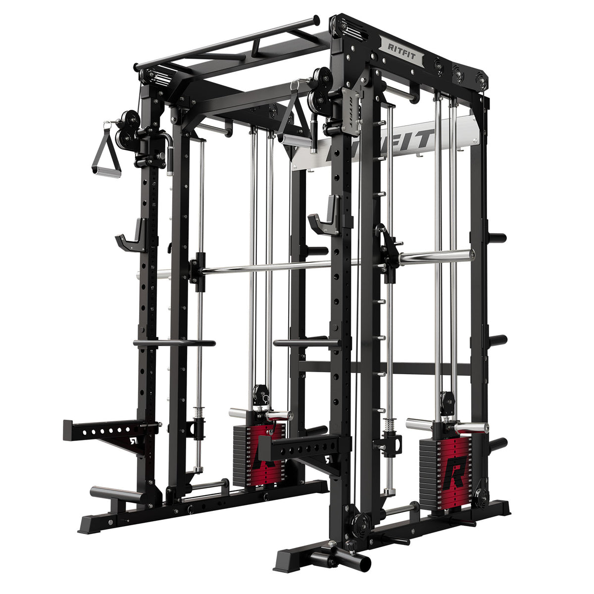 Black RitFit M2 Multi-Functional Modular Home Gym Smith Machine with red weight stacks and silver bar