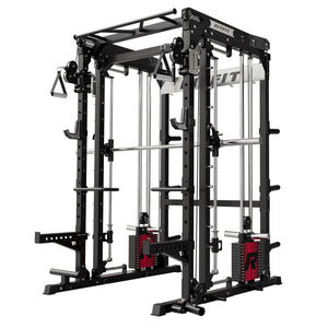 Black RitFit M2 Multi-Functional Modular Home Gym Smith Machine with red weight stacks and silver bar