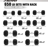 RitFit Rubber Hex Dumbbell Set with Rack 650 lbs 10 Pairs - RitFit
