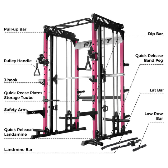 RitFit Pink M1 PRO Multi-Functional Smith Machine with Cable Crossover System and Squat Rack for Home Gym