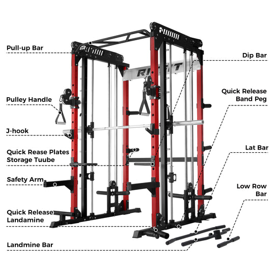 RitFit Pink M1 PRO Multi-Functional Smith Machine with Cable Crossover System and Squat Rack for Home Gym