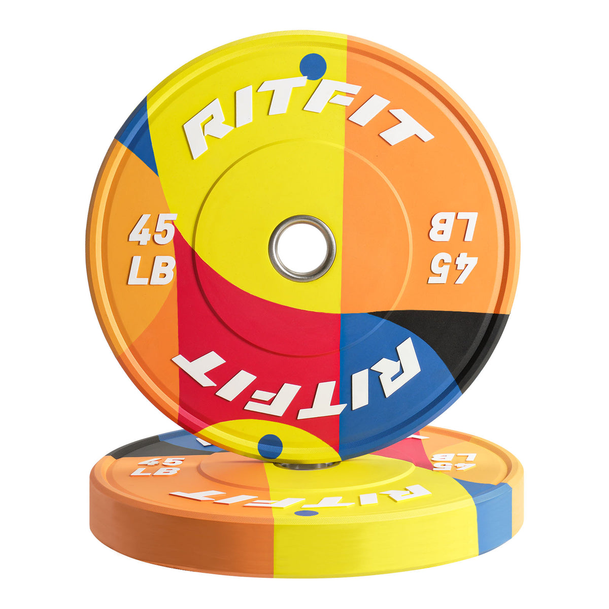 RitFit Memphis 45lb bumper plates for home gym, durable weight plates for strength training and weight lifting.