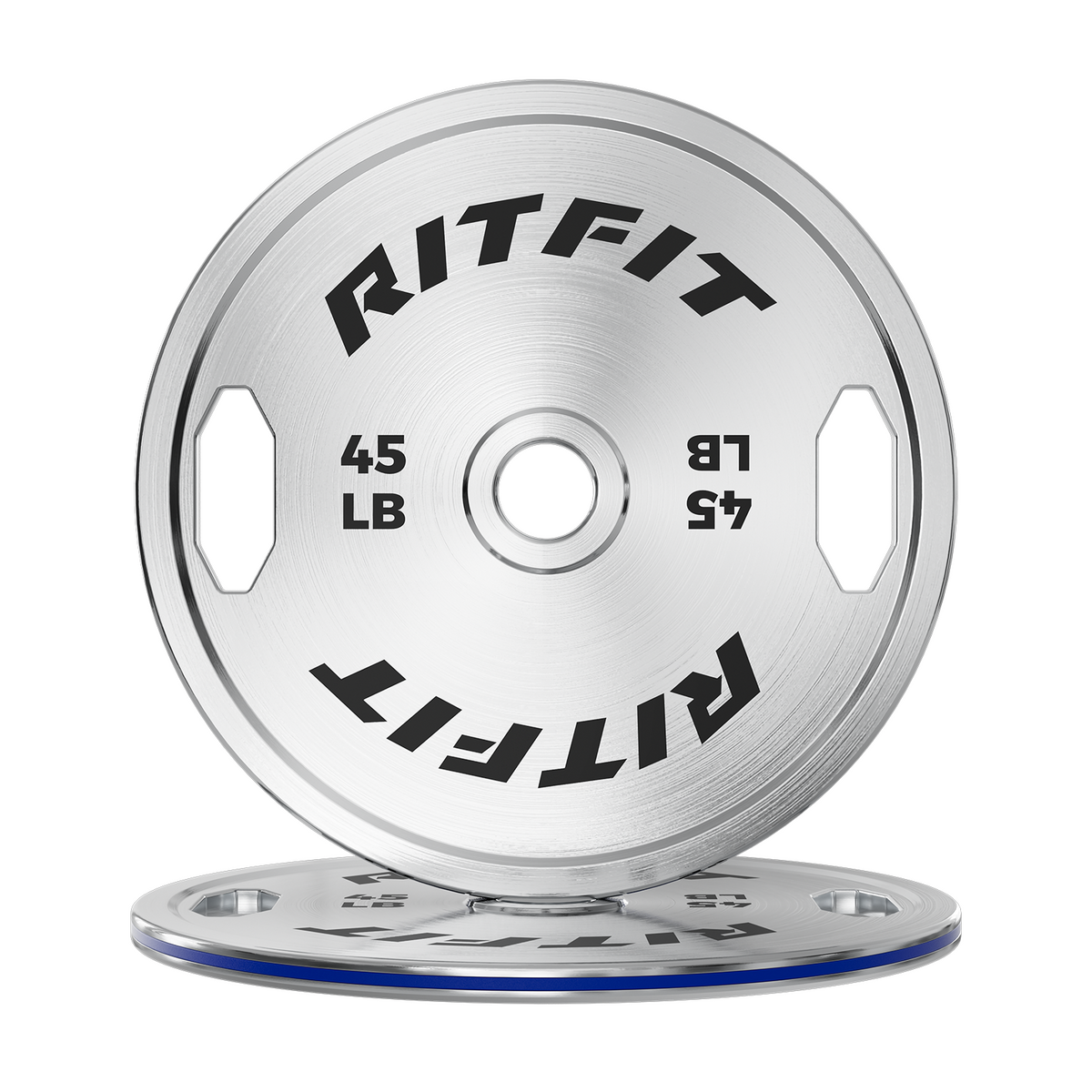 RitFit chrome steel bumper plates 45 lb silver weight plates stacked
