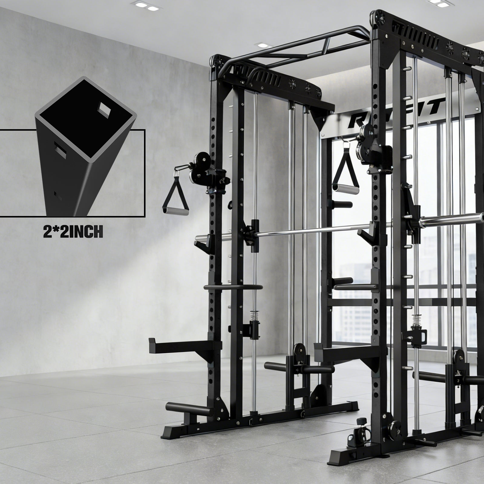 Black RitFit FUM1 11-gauge upright frame for M1 PRO with 2x2 inch steel posts and cable attachments