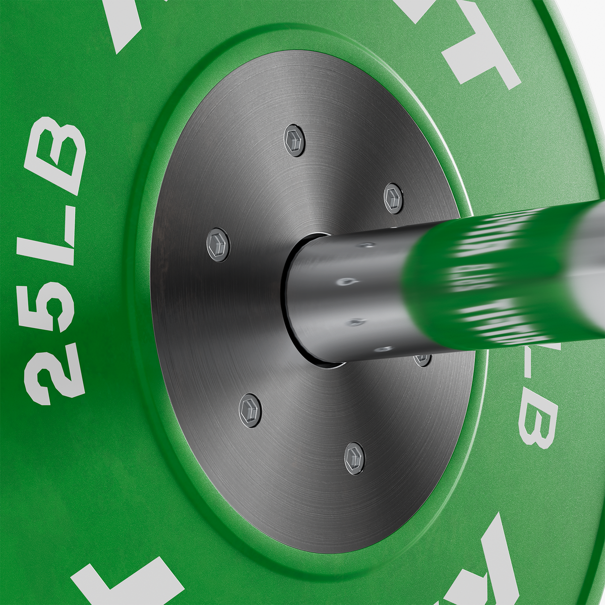 Green 25LB bumper plate with steel hub on barbell
