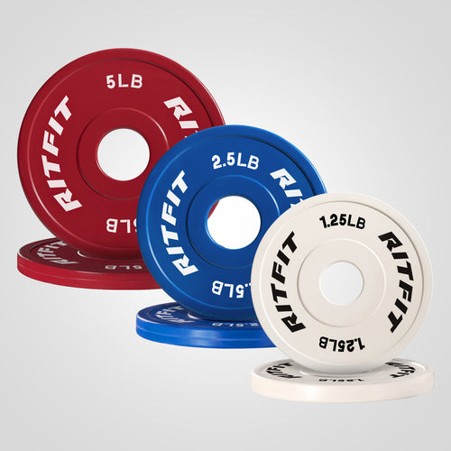 RitFit Mini Rubber Weight Plates Standard Set with four compact, durable black rubber weight plates for strength training.