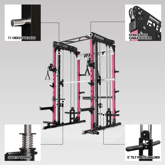 RitFit Pink M1 PRO Multi-Functional Smith Machine with Cable Crossover System and Squat Rack for Home Gym