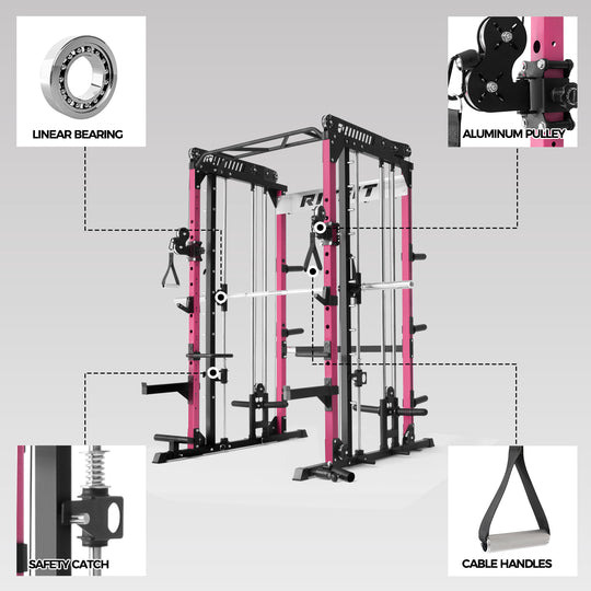 RitFit Pink M1 PRO Multi-Functional Smith Machine with Cable Crossover System and Squat Rack for Home Gym