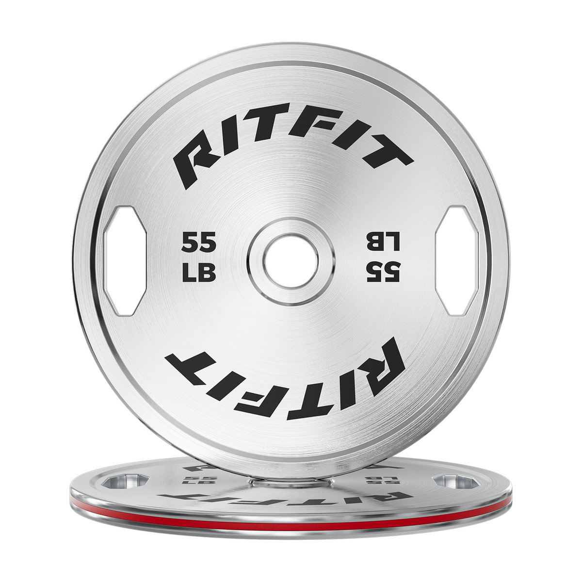RitFit chrome steel bumper plates stacked showing 55 LB weight and grip holes