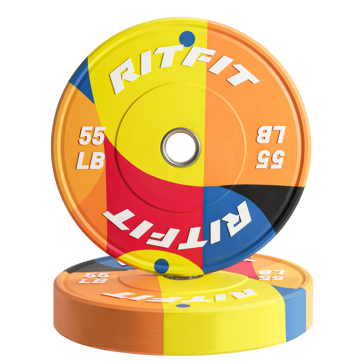 RitFit Memphis 55LB bumper plates for home gym, black weight plates with durable rubber coating and weight markings visible.