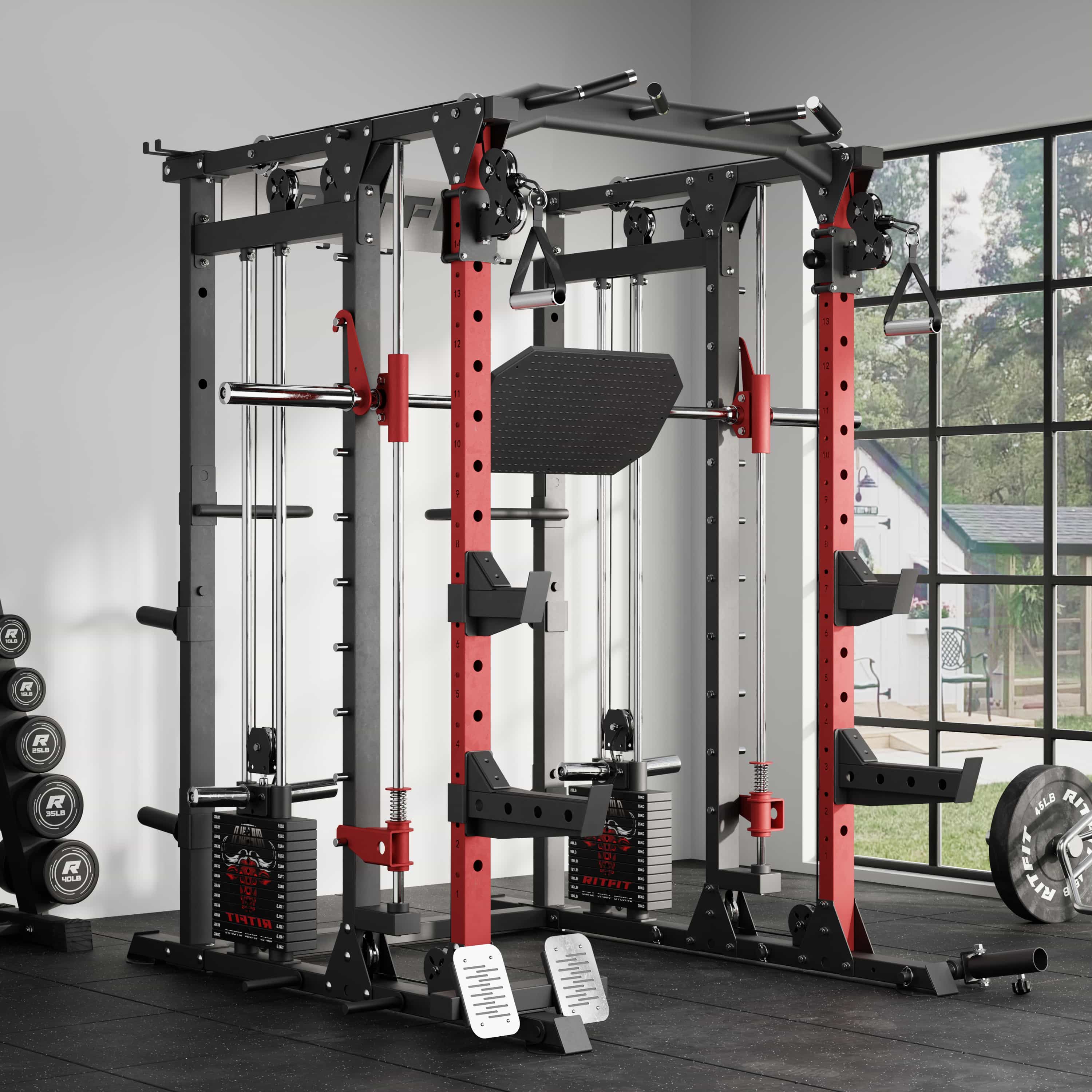 RitFit BUFFALO Smith Machine home gym package with weight stack, showing the assembled Smith machine and weight plates.