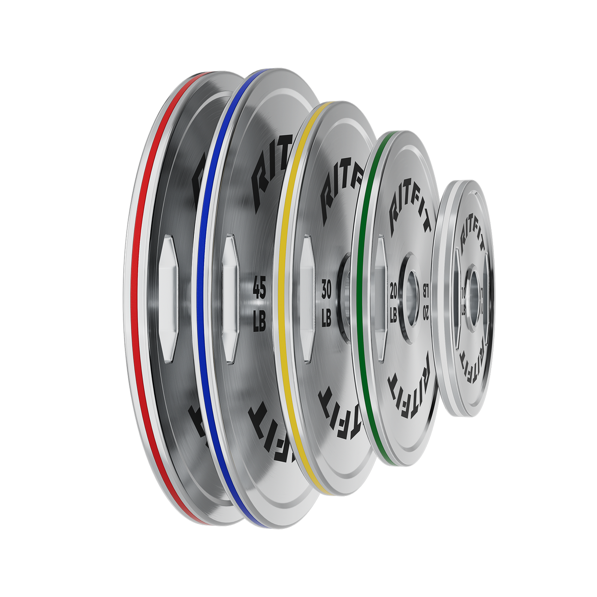 RitFit chrome steel bumper plates with colored rims arranged by size