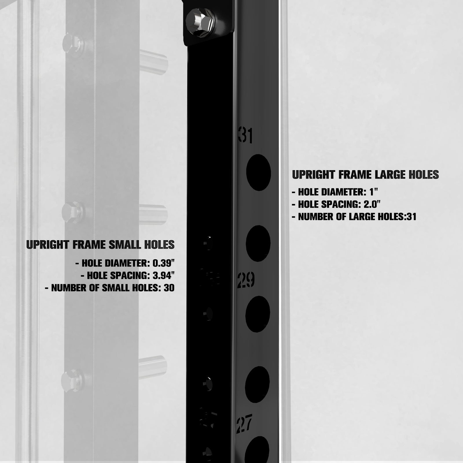 Black RitFit FUM1 11-gauge upright frame for M1 PRO showing numbered large and small adjustment holes