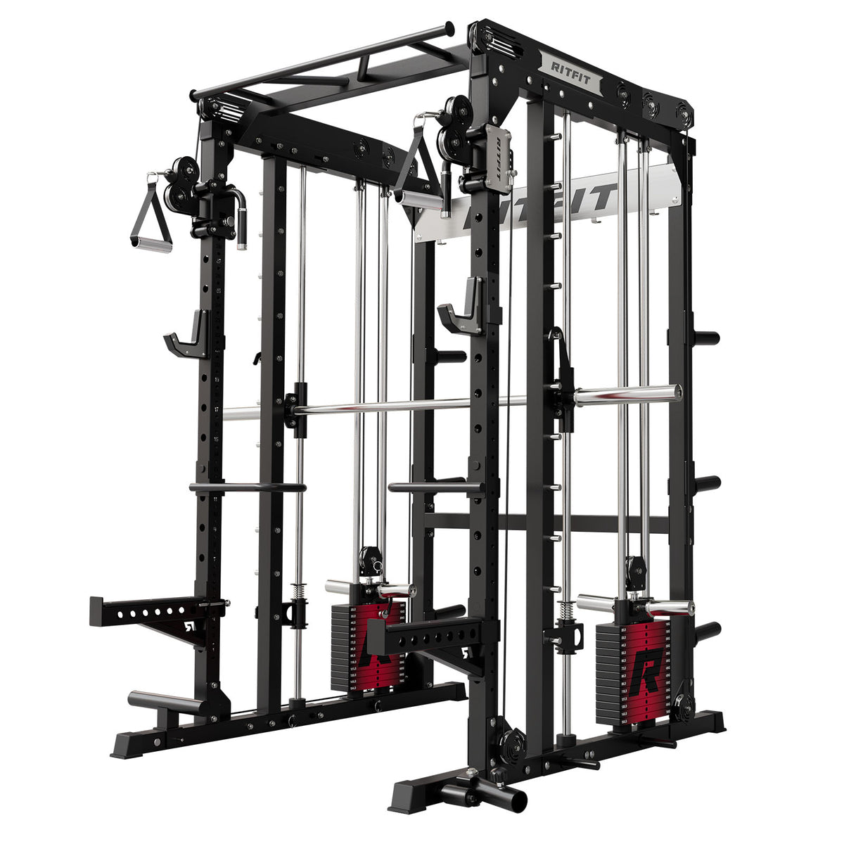 Black RitFit M2 Multi-Functional Modular Home Gym Smith Machine with red weight stacks and silver barbell