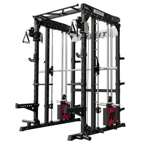 Black RitFit M2 Multi-Functional Modular Home Gym Smith Machine with red weight stacks and silver barbell