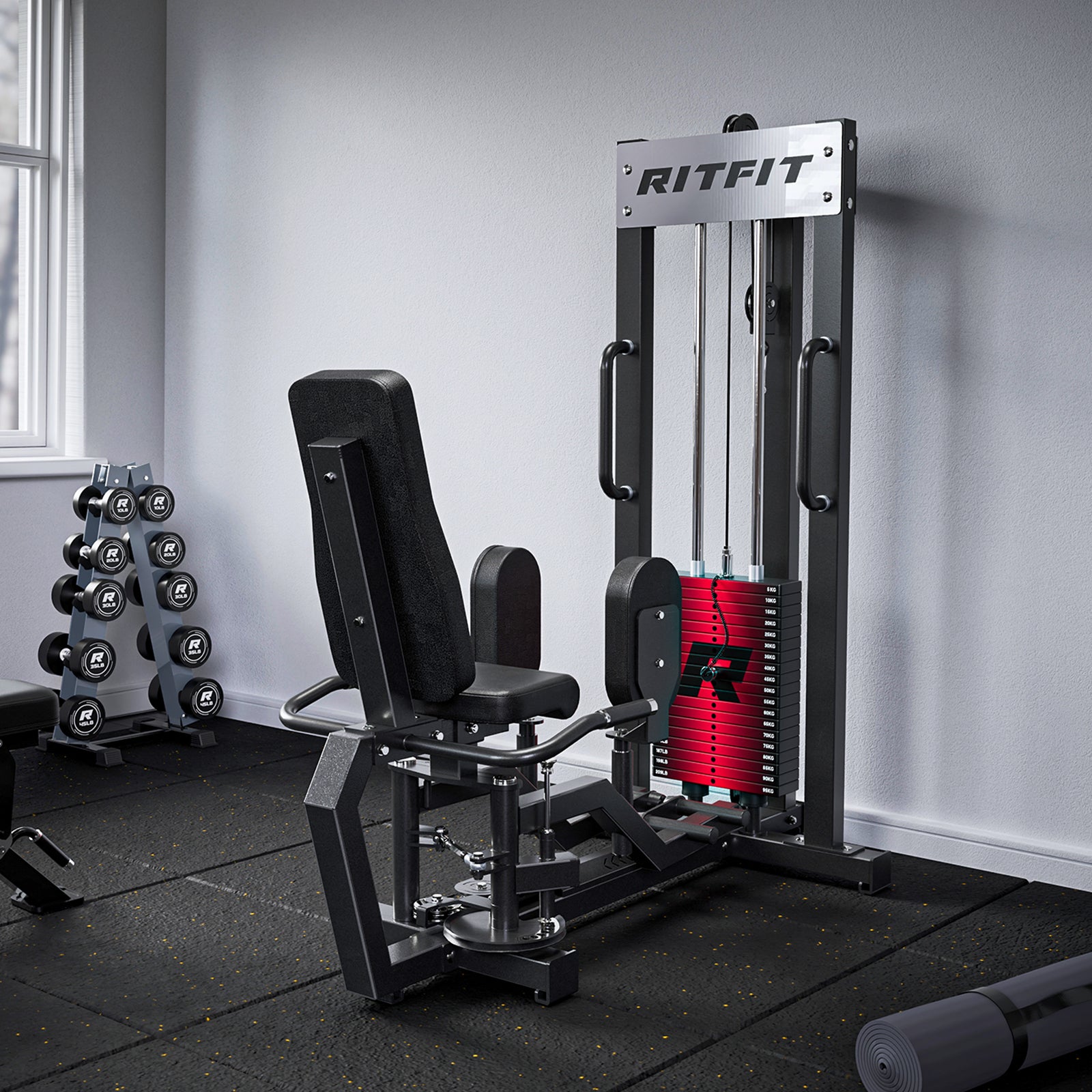 RitFit home hip abductor and adductor strength machine with padded handles and adjustable resistance for lower body workouts.