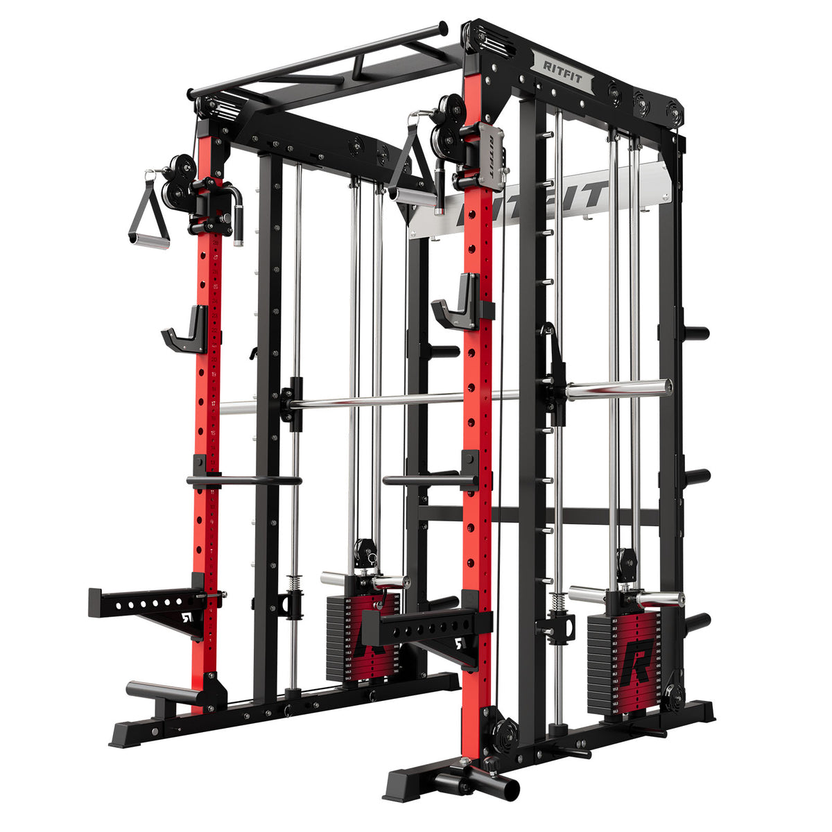 RitFit M2 multi-functional modular home gym Smith machine with red and black steel frame and cable pulleys