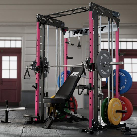 RitFit Pink M1 PRO Multi-Functional Smith Machine with Cable Crossover System and Squat Rack for Home Gym