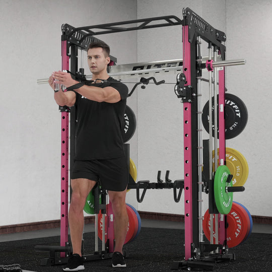 RitFit Pink M1 PRO Multi-Functional Smith Machine with Cable Crossover System and Squat Rack for Home Gym