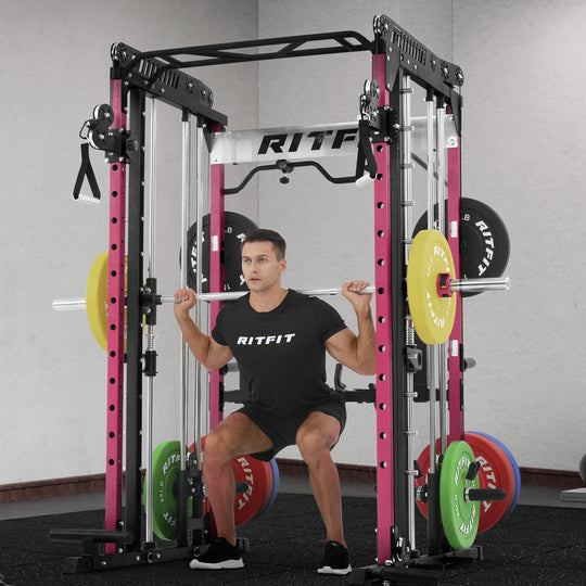 RitFit Pink M1 PRO Multi-Functional Smith Machine with Cable Crossover System and Squat Rack for Home Gym