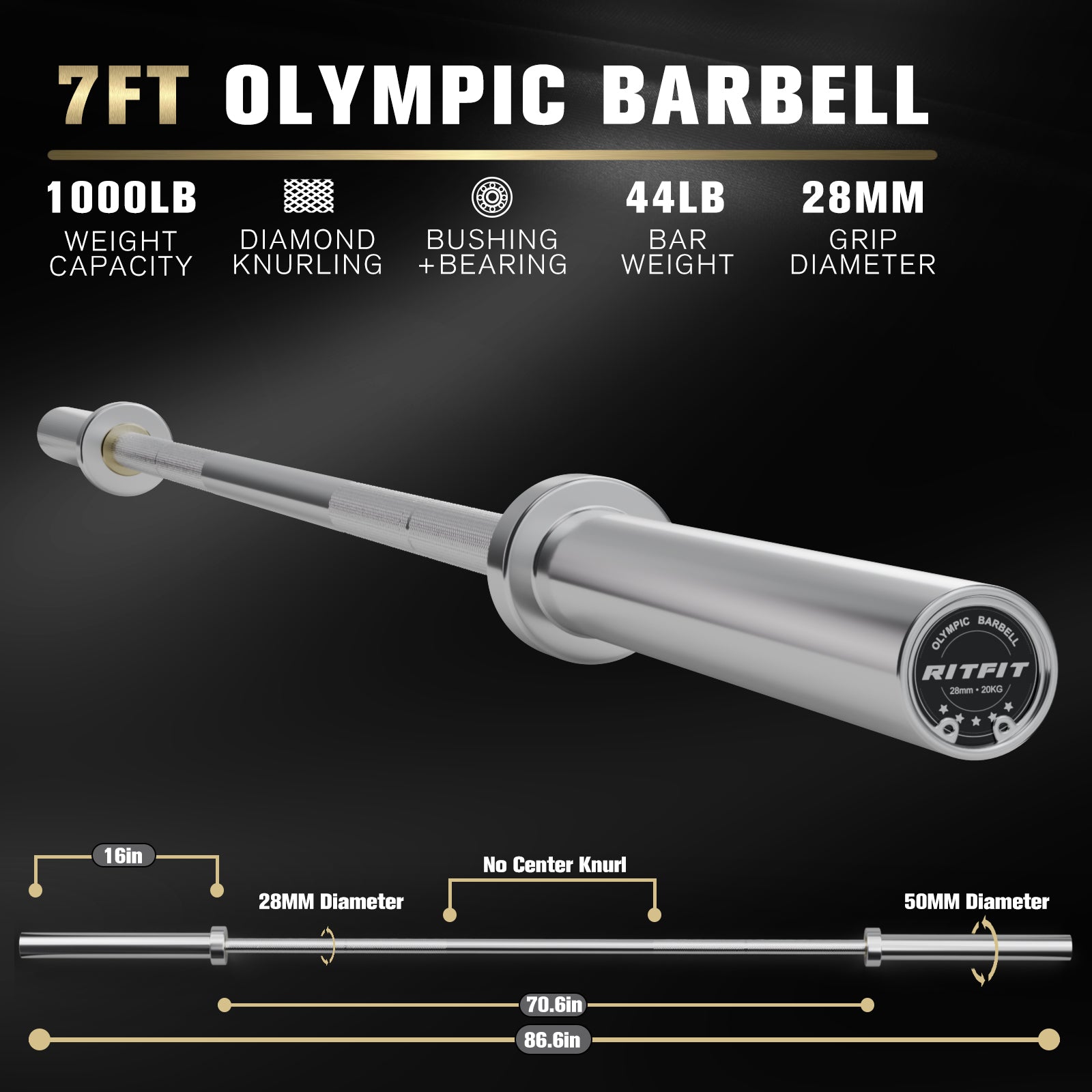 RitFit 7FT Olympic Barbell Bar 2'' Weight Lifting Bar